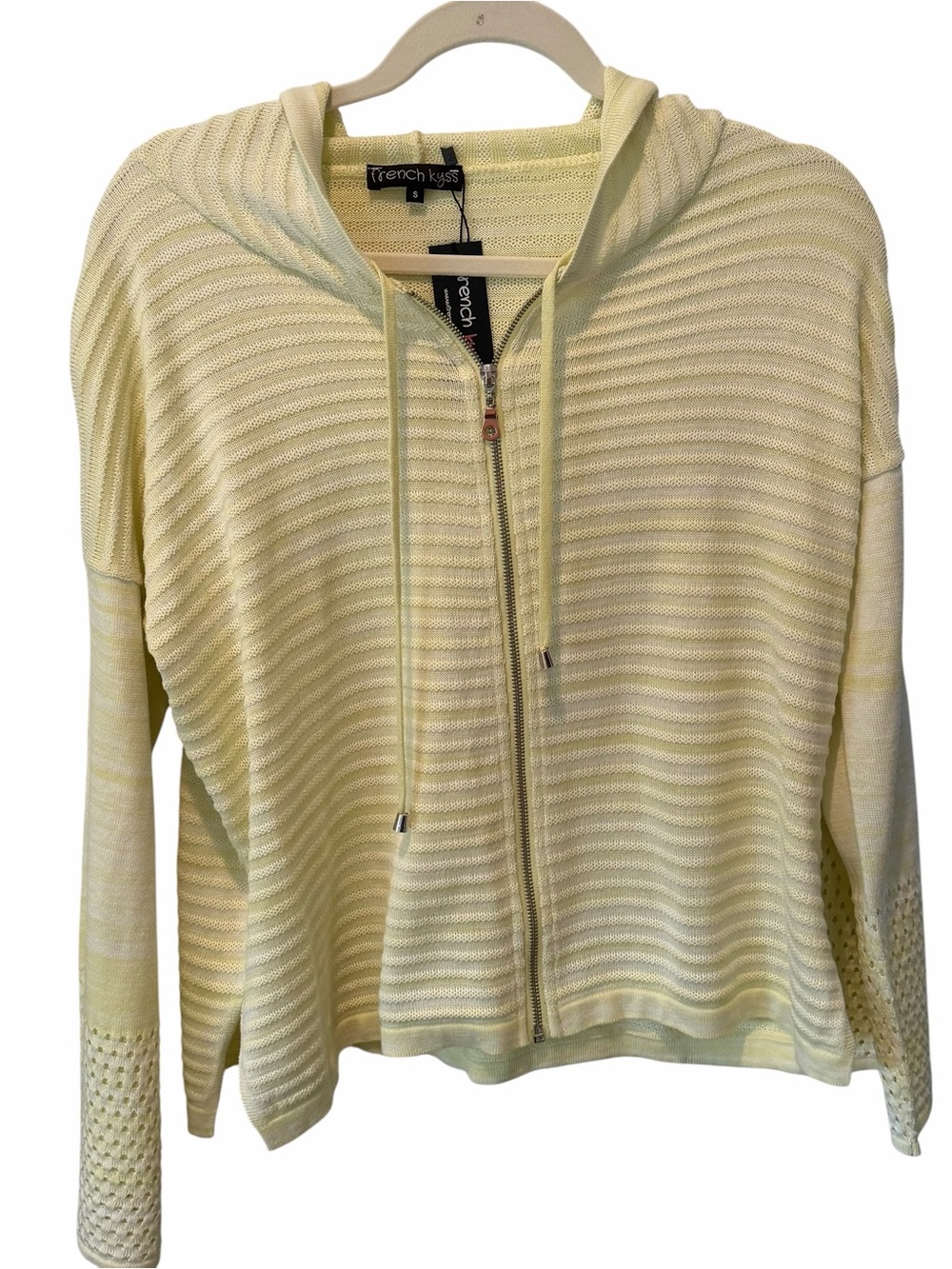 French Kyss Yellow Knit Zip Up Hoodie Sweater Lightweight Ribbed Small NWT